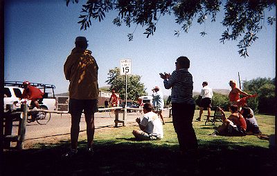 Crowds cheering bike riders on the Calfornia AIDSRide 2002